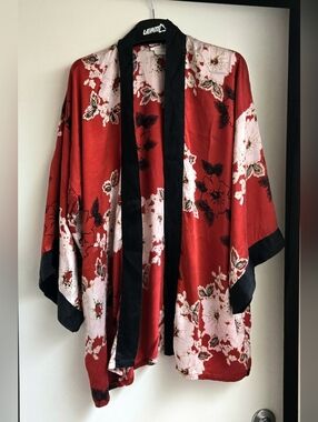 Christine Vancouver Silk Red & Black Floral Kimono Robe with Black Trim